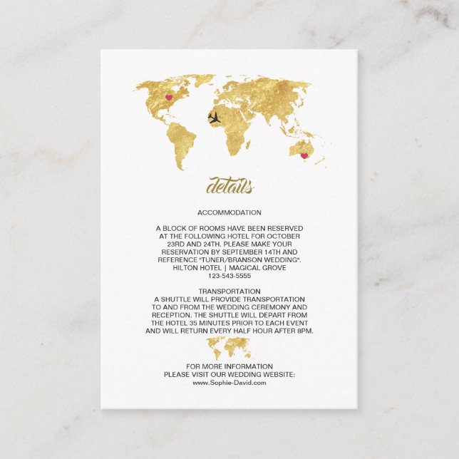Cartão De Informações Mapa Mundial Elegant Travel Gold Detalhes do Casam (Frente)