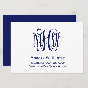 Cartão De Informações Marinho 3 Monograma inicial de script de vinha DIY