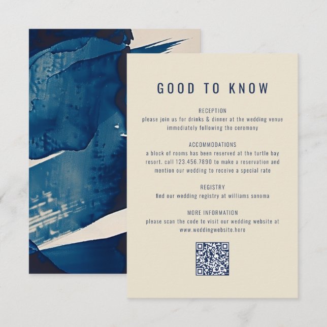 Cartão De Informações Marinho abstrato Blue Ink Painting QR Code Casamen (Frente/Verso)
