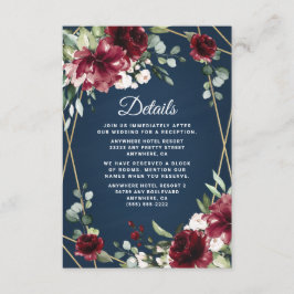 Cartão De Informações Marinho Azul Borgonha Blush Dourado Casamento Flor