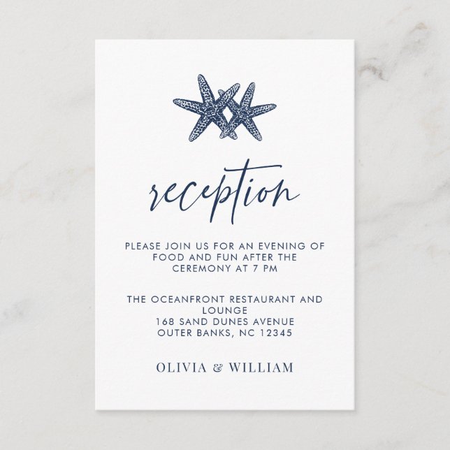 Cartão De Informações Marinho Azul de Casamento de Praia Recepção Azul (Frente)