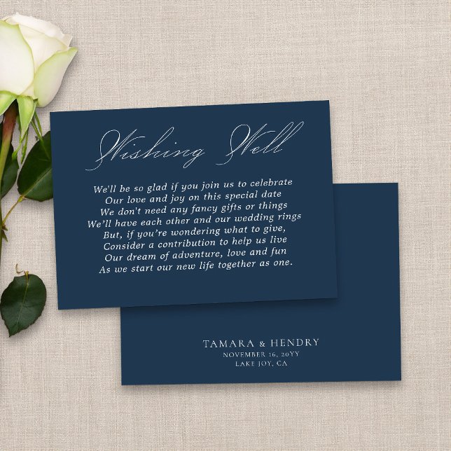 Cartão De Informações Marinho Azul de Roteiro de Wishing Bem Caligrafia (Elegant navy blue wedding wishing well card from my Wedding Colors collection)