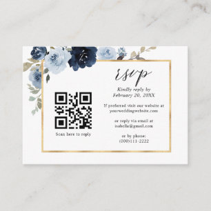 Cartão De Informações Marinho Azul Dusty Floral Código QR Casamento RSVP