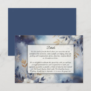 Cartão De Informações Marinho Azul e Dourado Casamento Floral