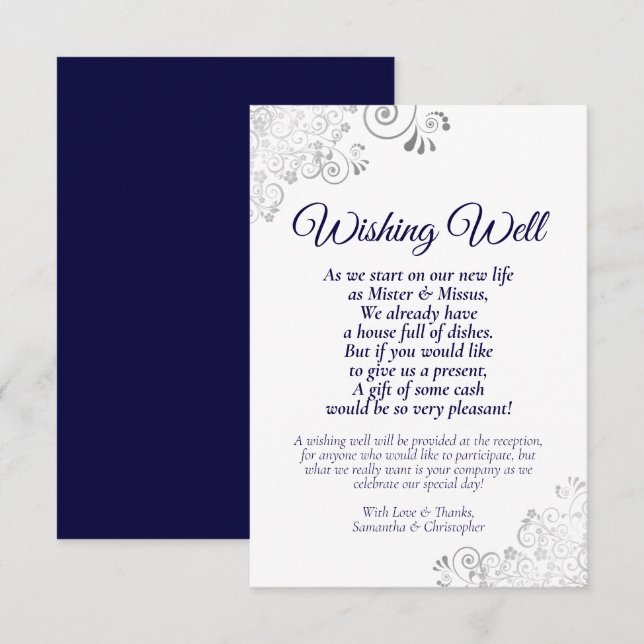 Cartão De Informações Marinho Azul e Silver White Weding Wishing Poem (Frente/Verso)