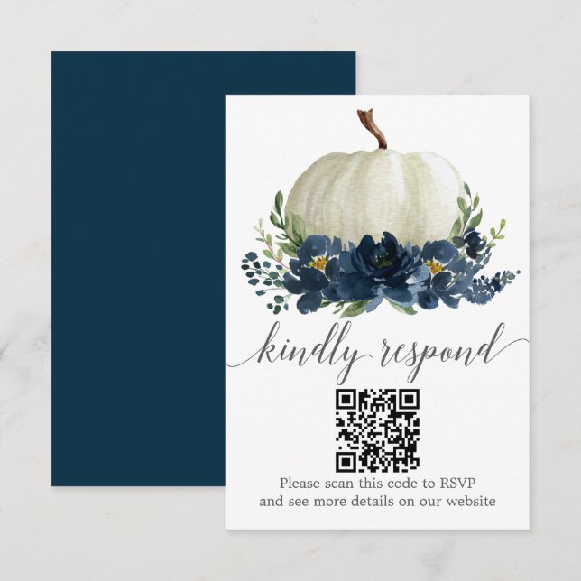 Cartão De Informações Marinho Azul Floral Pumpkin Casamento QR RSVP (Frente/Verso)