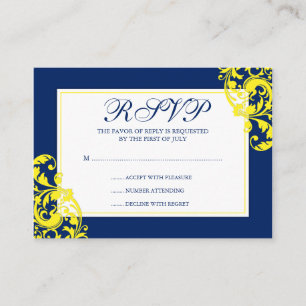 Cartão De Informações Marinho Blue e Yellow Flourls Swirls RSVP