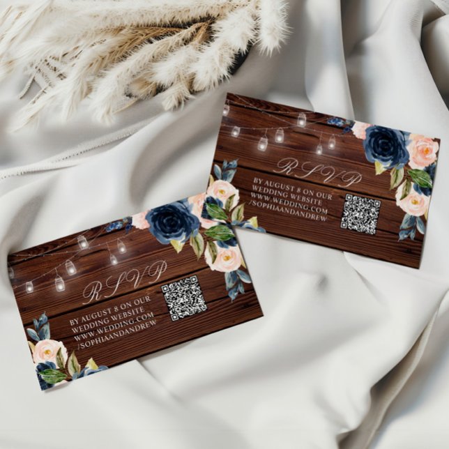 Cartão De Informações Marinho Blue Flower Rustic Weding QR RSVP (Criador carregado)