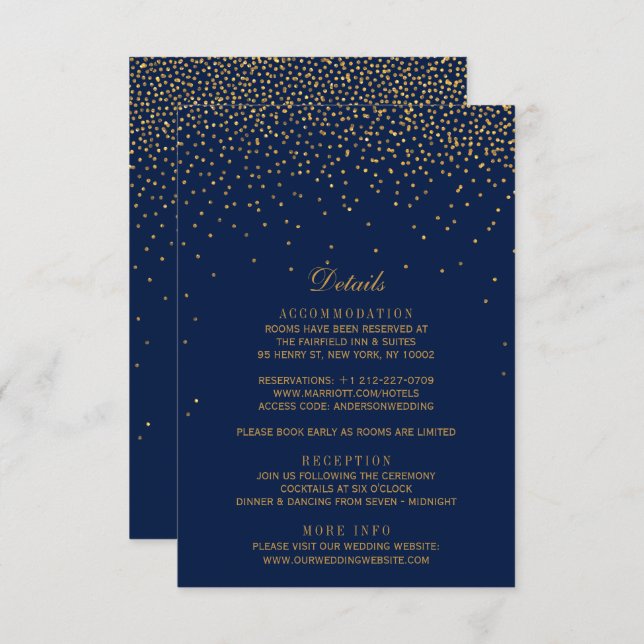 Cartão De Informações Marinho Blue & Glam Dourado Casamento Confetti (Frente/Verso)