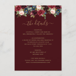 Cartão De Informações Marinho Borgonha Floral Casamento de Toneladas Ver