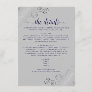 Cartão De Informações Marinho de Prata Azul na Cinza Detalhes de Casamen