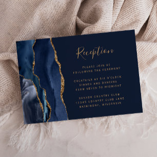 Cartão De Informações Marinho Elegante Recepção de casamento Azul Dourad