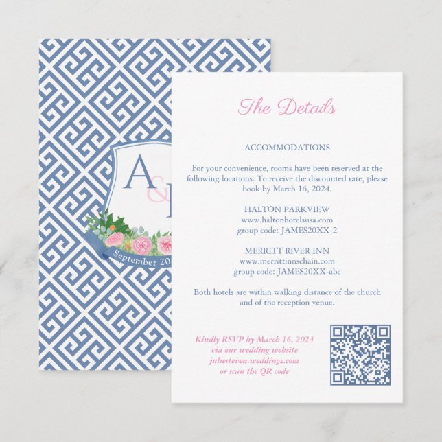 Cartão De Informações Marinho Floral Rosa Monograma Detalhes de Casament (Frente/Verso)