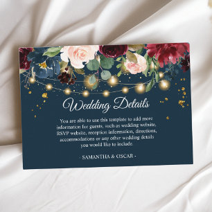 Cartão De Informações Marinho Russo Borgonha Azul e Flores Vermelhas