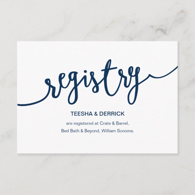 Cartão De Informações Marinho Rustic Blue Script, Registro de Casamento (Frente)