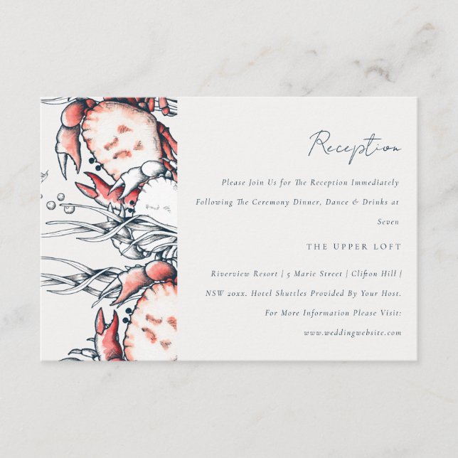 Cartão De Informações Marinho Vermelho Recepção de casamento Costeira Su (Frente)