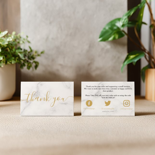 Cartão De Informações Mármore dourado e branco, obrigado cliente (Gold and white marble effect, customer thank you enclosure card for your packaging.)