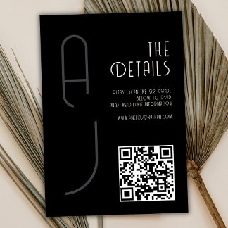 Cartão De Informações  Matte Monogram Minimal Qr Code Wedding Black 
