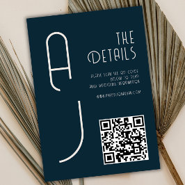 Cartão De Informações  Matte Monogram Minimal Qr Code Wedding Navy Blue 