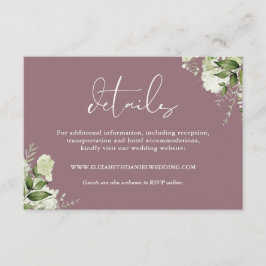 Cartão De Informações Mauve Greenery Floral Elegante Detalhes do Casamen