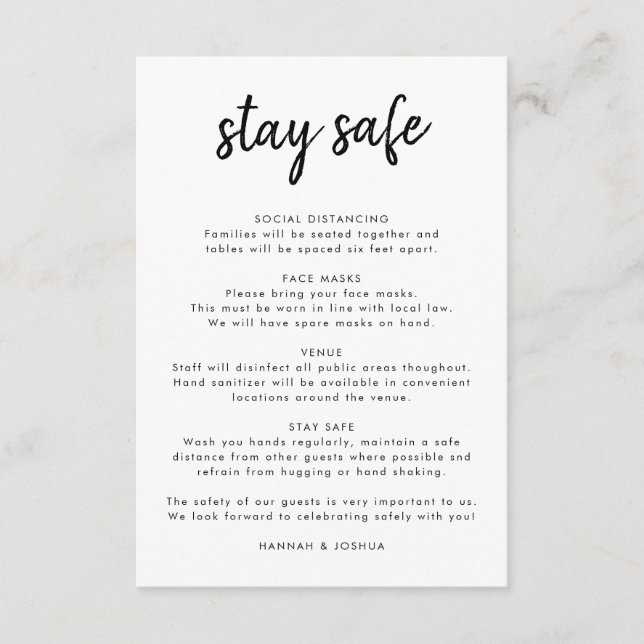 Cartão De Informações Medidas de segurança | Casamento de Script Moderno (Frente)