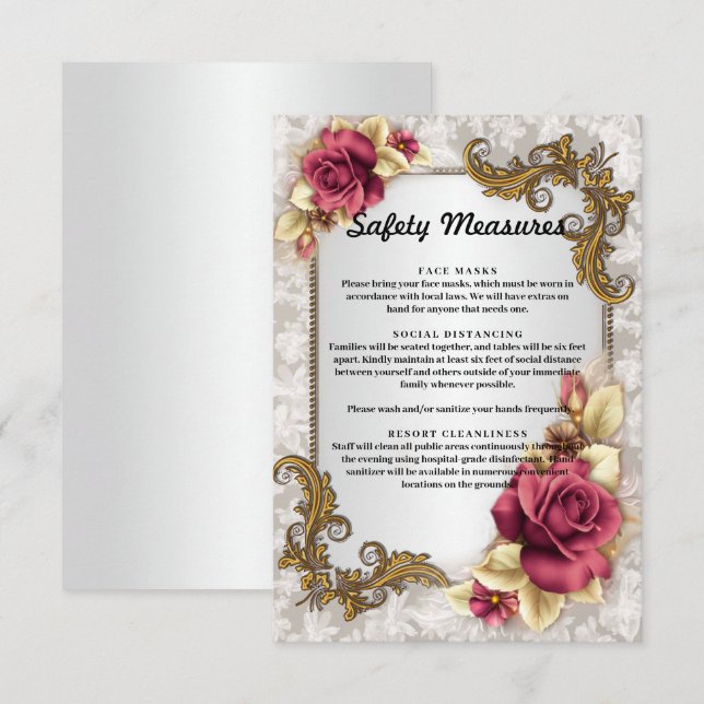 Cartão De Informações Medidas de Segurança para Casamentos Rosas vermelh (Frente/Verso)