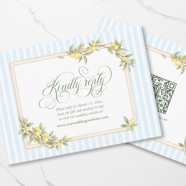 Cartão De Informações Mediterranean Lemon Coastal Wedding RSVP QR Code (elegant kindly reply Mediterranean lemon wedding website RSVP QR code enclosure code)