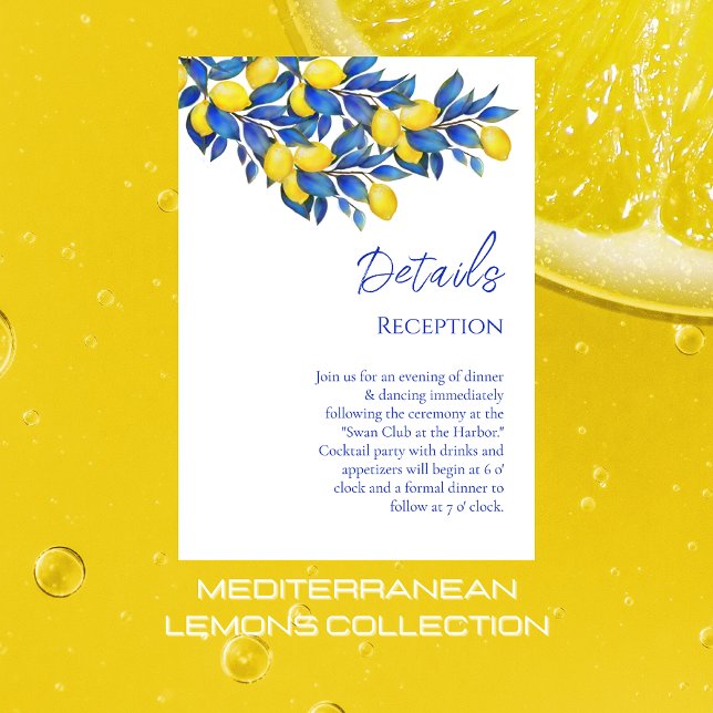 Cartão De Informações Mediterrâneo- Lemons- Detalhes do Casamento- (Mediterranean Lemons Wedding Collection-Citrus-Yellow and Blue-Italy)