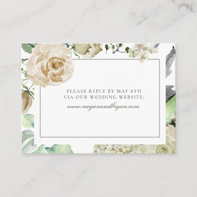 Cartão De Informações Megan White Roses Greenery Wedding Website RSVP (Frente)