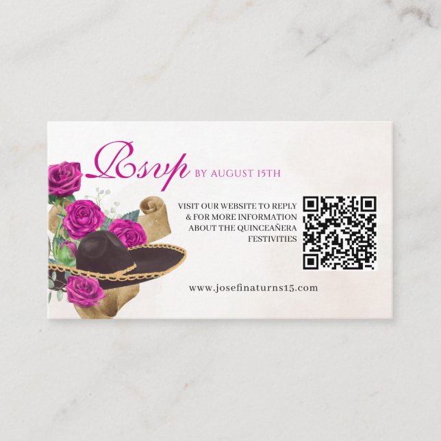 Cartão De Informações Mexicana Mariachi Charra Magenta Rosa Quinceanera (Frente)