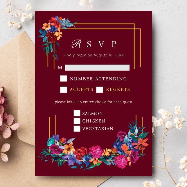 Cartão De Informações Mexicano Fiesta Flower Weding Burgundy RSVP (Criador carregado)