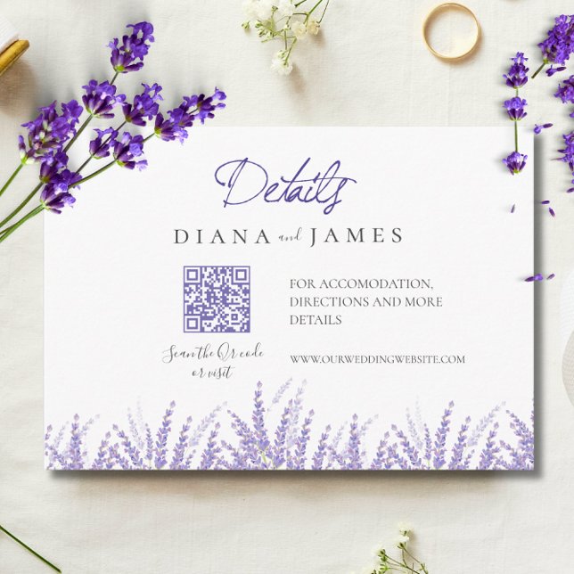 Cartão De Informações Mini Caligrafia Detalhes Qr Lavanda Casamento de C (Mini Calligraphy Details Qr Code Lavender Wedding Enclosure Card)