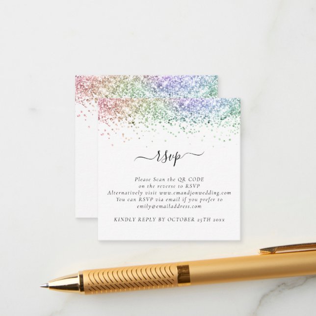 Cartão De Informações Mini Glam Rainbow Glitter Código QR Casamento RSVP (Frente/Verso In Situ)