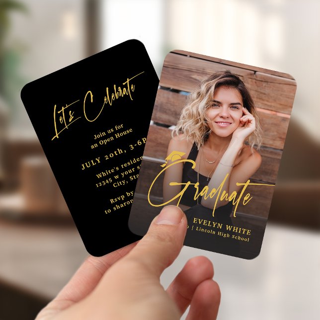 Cartão De Informações Mini Grad Cap Script Photo Graduation Invite (Mini Grad Cap Script Photo Graduation Invite)