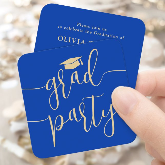 Cartão De Informações Mini Graduation Party Invitation Blue & Gold Card (Criador carregado)