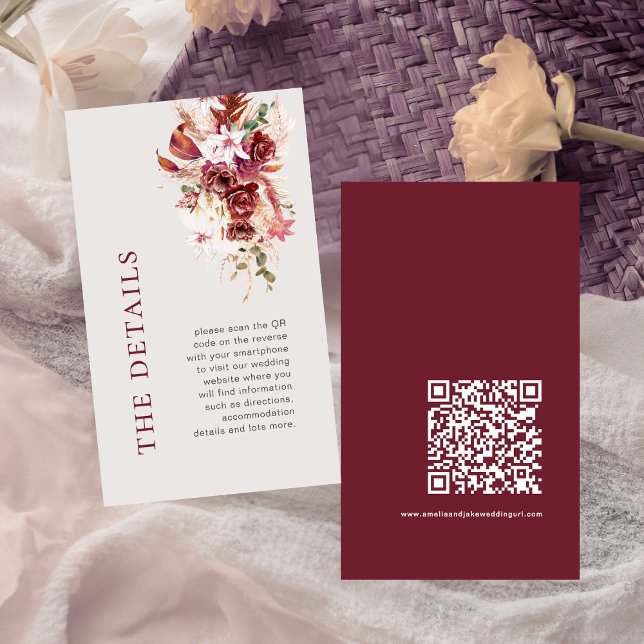 Cartão De Informações Mini Modern Burgundy Blush QR Code Wedding Details (Criador carregado)