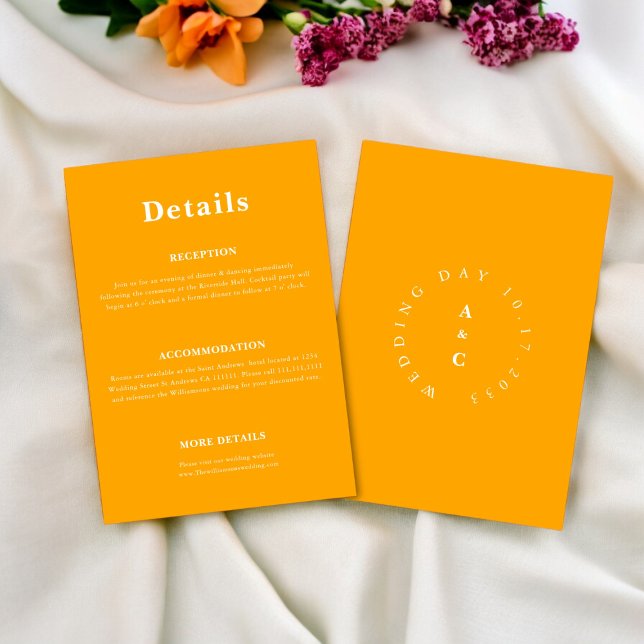 Cartão De Informações Mínima tendência: Gabinete de detalhes casuais do  (fun orange bold wedding details card , mix and match wedding ststionary , editable ,downloadable ,
)