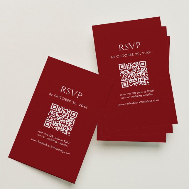 Cartão De Informações Minimalist Deep Red Wedding RSVP QR Code (Criador carregado)