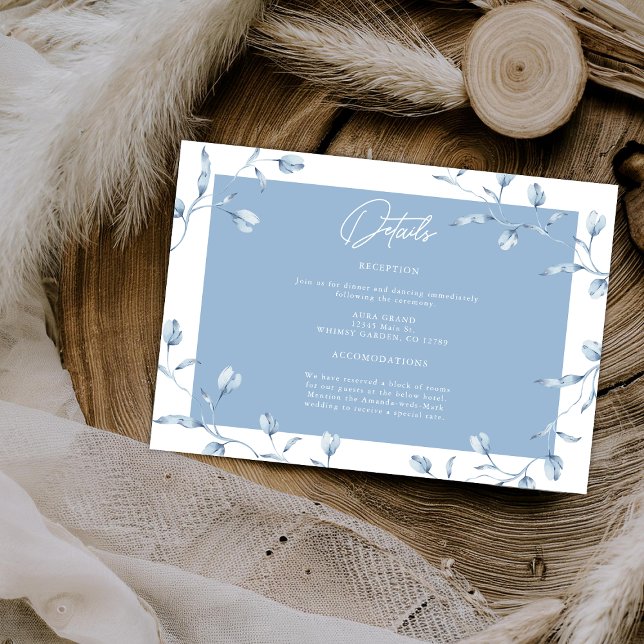 Cartão De Informações Minimalist Dusty Blue Chinoiserie Floral Wedding (Criador carregado)
