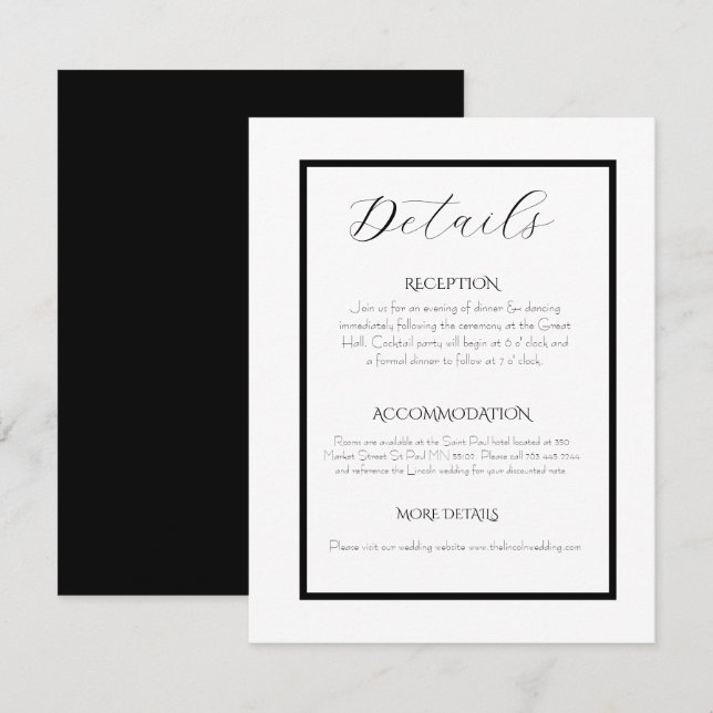Cartão De Informações Minimalist Elegant Black & White Wedding  (Frente/Verso)