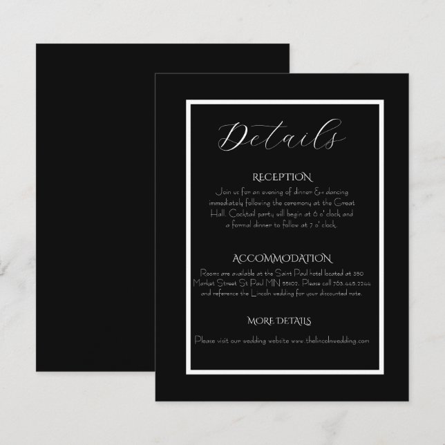 Cartão De Informações Minimalist Elegant Black & White Wedding  (Frente/Verso)
