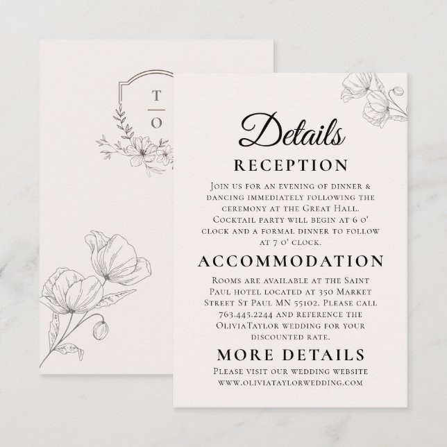 Cartão De Informações Minimalist Floral Line Art Wedding Enclosure Card  (Frente/Verso)