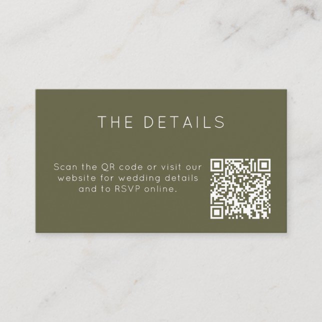 Cartão De Informações Minimalist Olive Green Wedding RSVP Online QR Code (Frente)