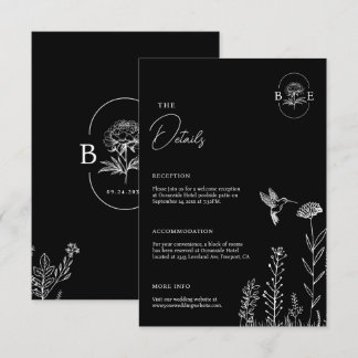 Cartão De Informações Minimalista Boho Floral Botânico Casamento Preto
