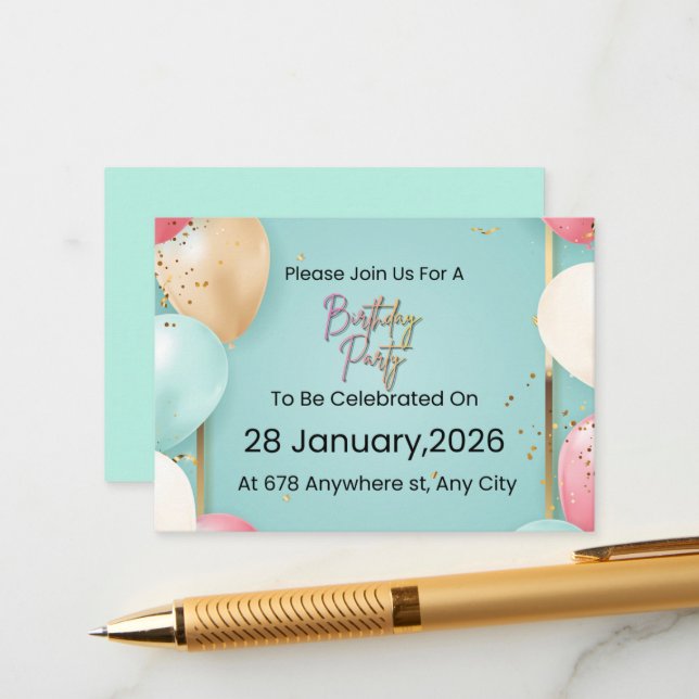 Cartão De Informações  Modern Birthday Party Invitation || Customizable  (Frente/Verso In Situ)