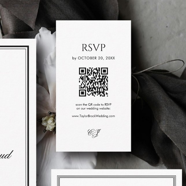 Cartão De Informações Modern Black and White Wedding RSVP Qr Code (Criador carregado)