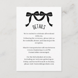 Cartão De Informações Modern Black bow Wedding Details Enclosure Card 