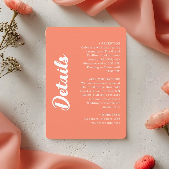 Cartão De Informações Modern Coral Pink Groovy Script Wedding Details (Criador carregado)