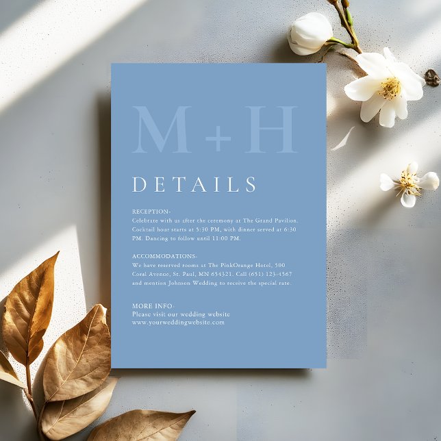 Cartão De Informações Modern Dusty Blue Monogram Wedding Details (Criador carregado)