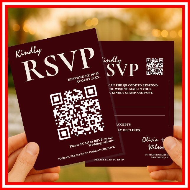 Cartão De Informações Modern Elegant Burgundy Wedding QR CODE RSVP (Criador carregado)